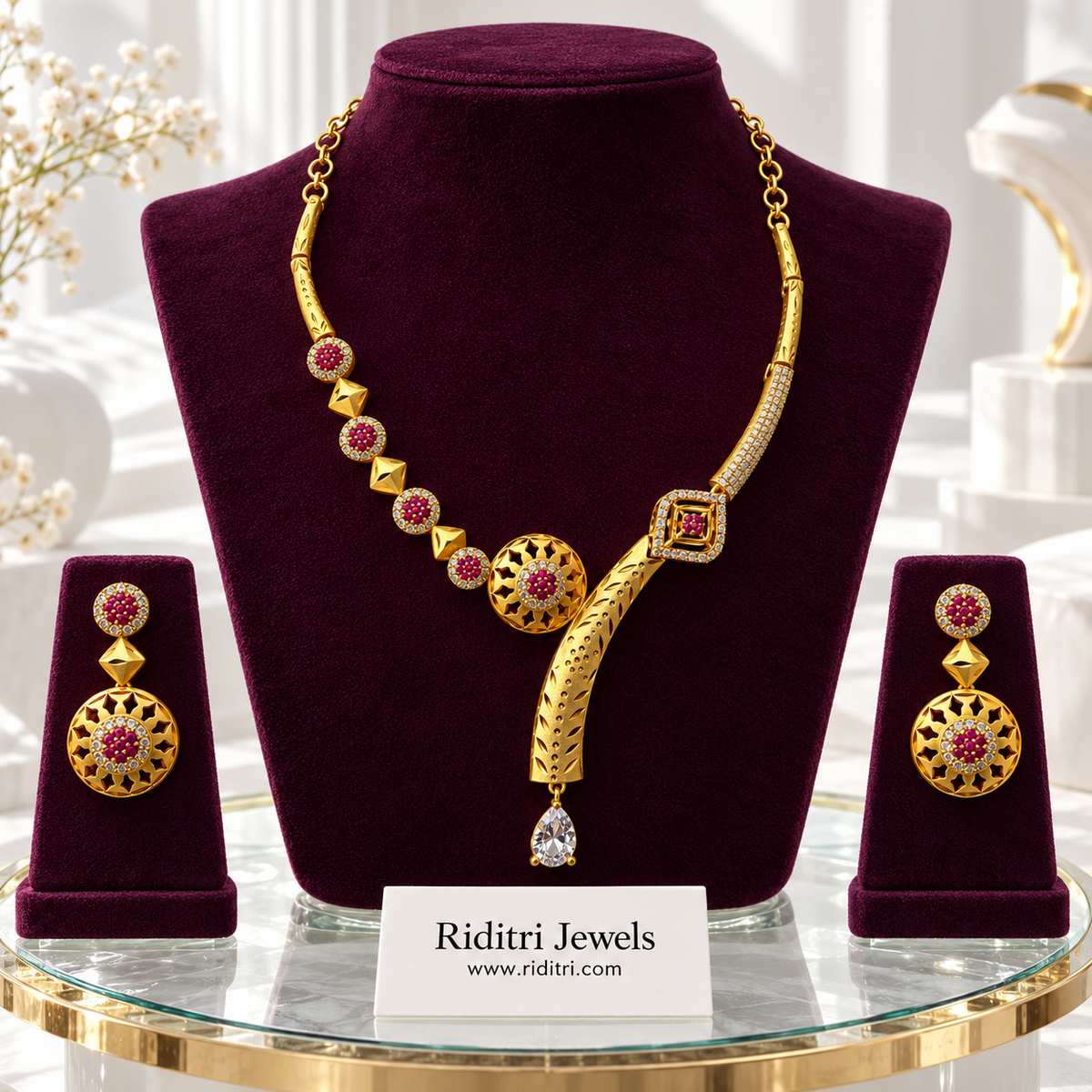 Kesar Gold Plated Ruby Necklace Set