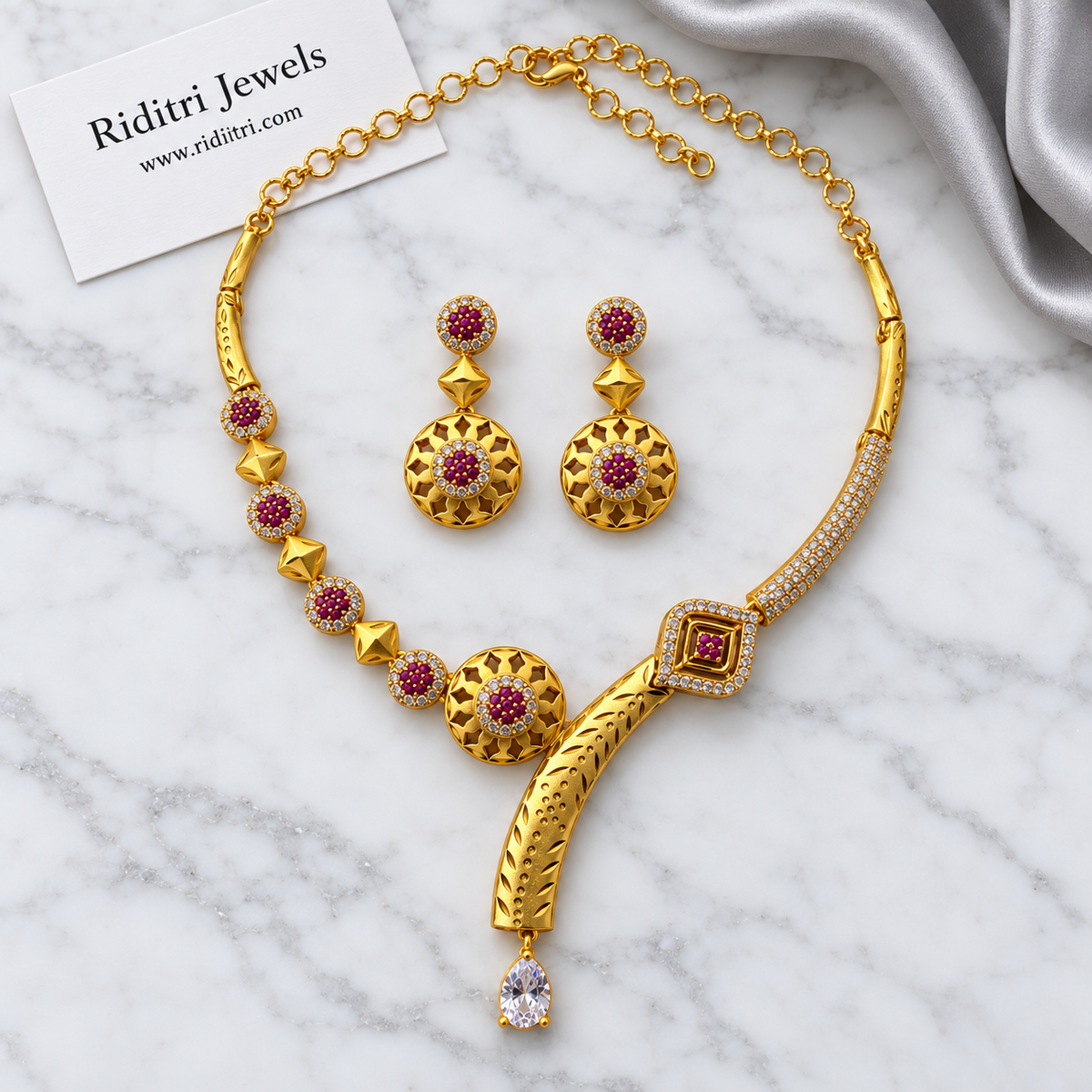 Kesar Gold Plated Ruby Necklace Set