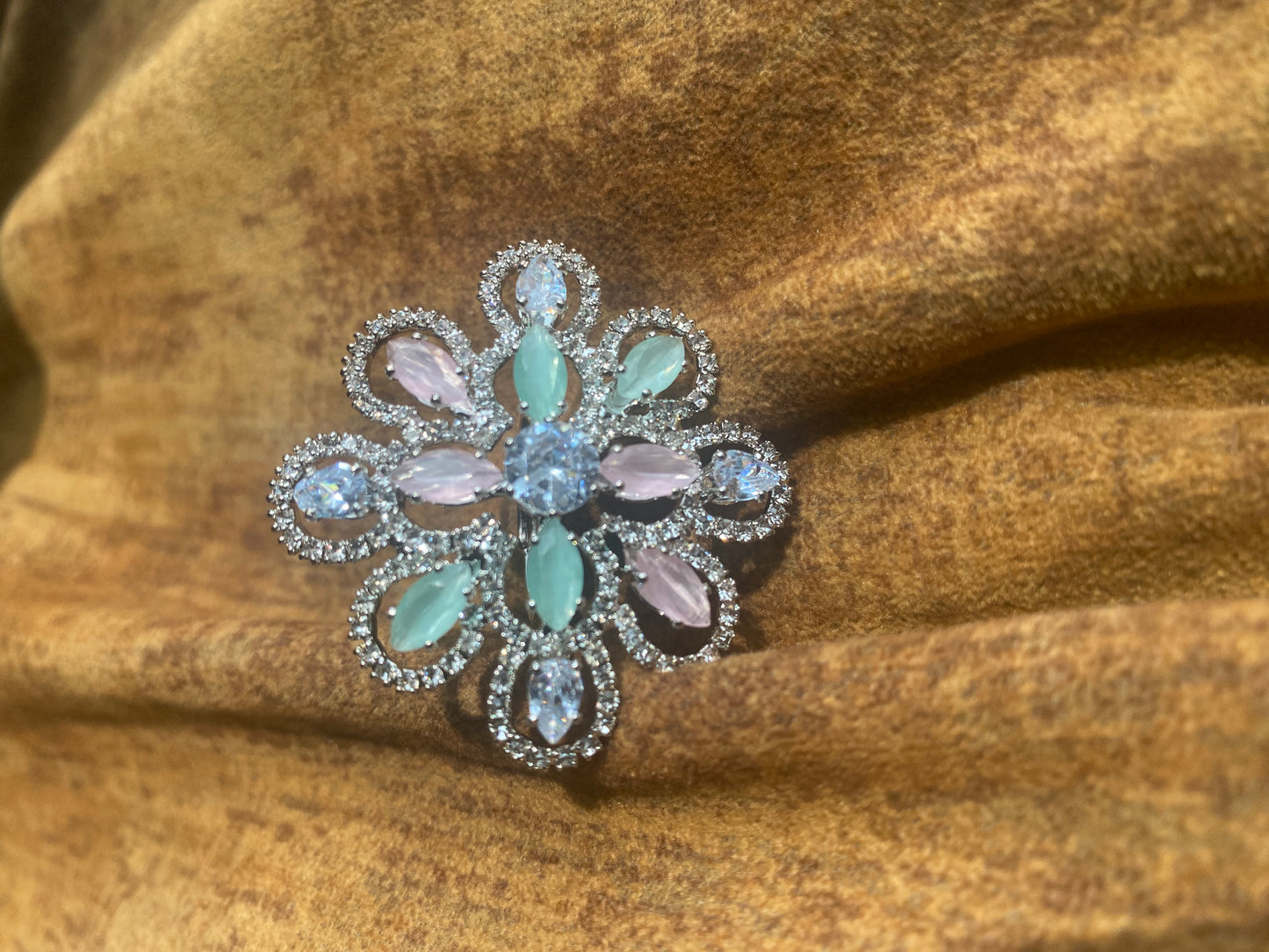 Adjustable American Diamond Cocktail Ring- Pink and Mint Green Pastel Colors with Silver Touch Medium Size