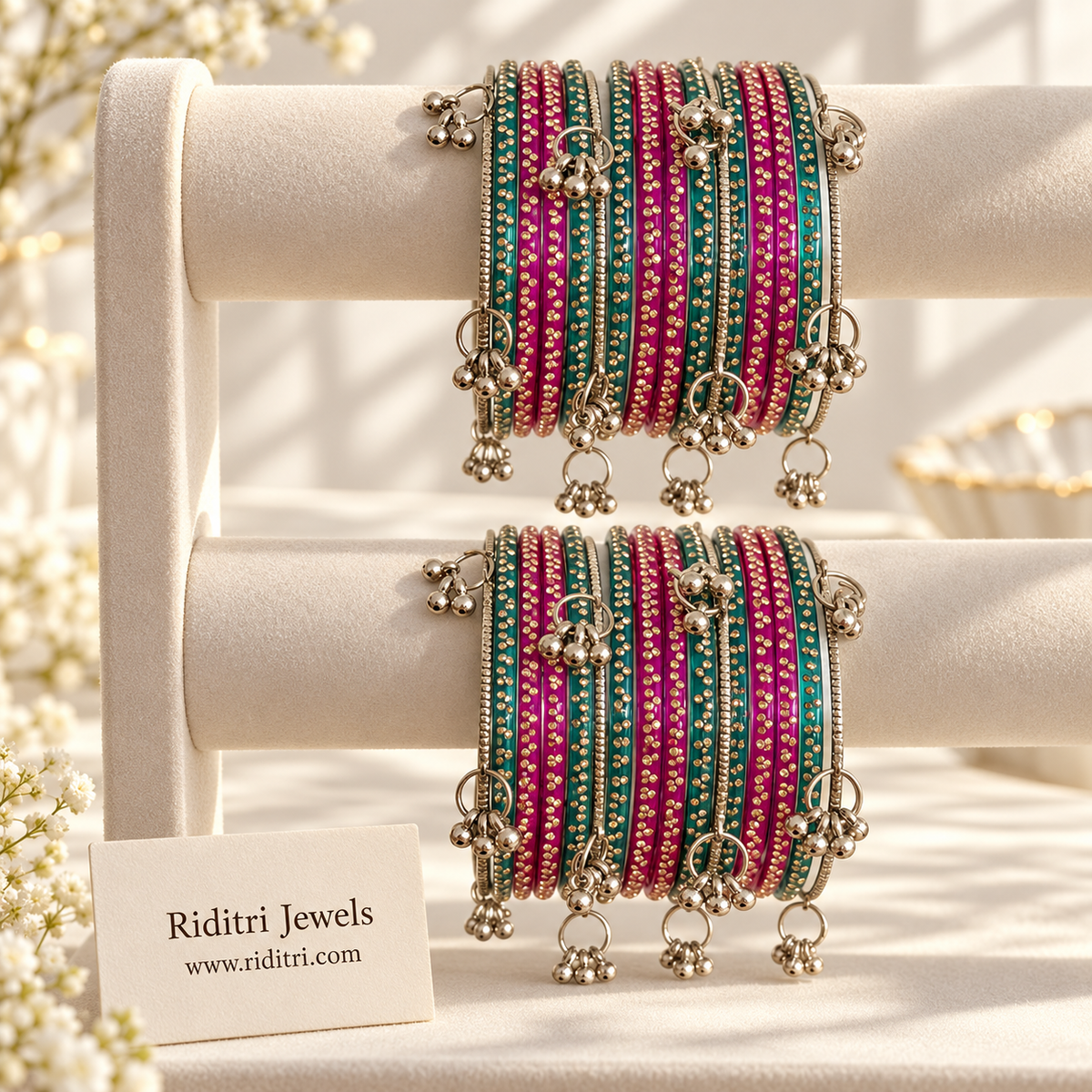 Viral Kashmiri ghungroo bangle set with rani pink and radium green gold dot glass bangles