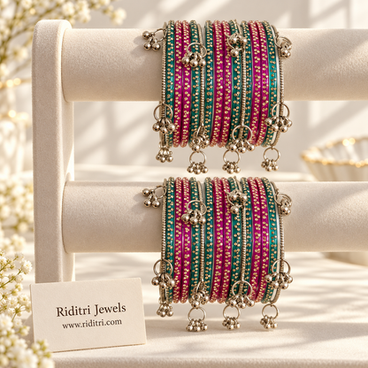 Viral Kashmiri ghungroo bangle set with rani pink and radium green gold dot glass bangles