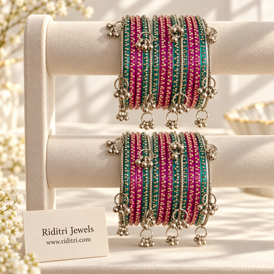 Viral Kashmiri ghungroo bangle set with rani pink and radium green gold dot glass bangles