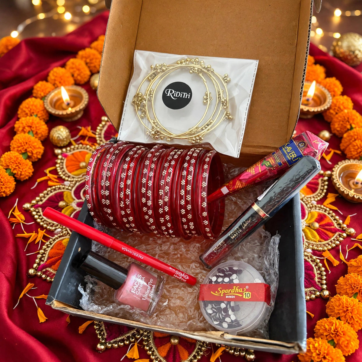 Riditri red bangle gift box with mehendi cone, bindi pack and nail paint