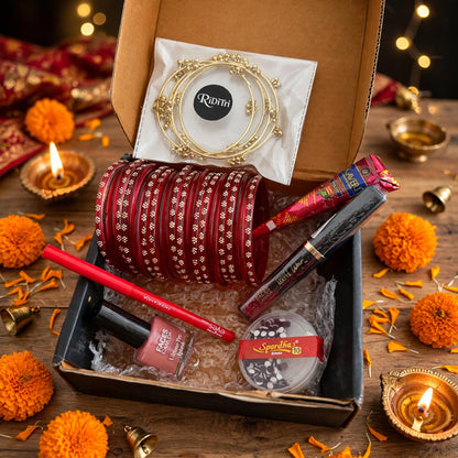 Gold-toned Kashmiri ghungroo bangles in Riditri pouch inside festive gift box