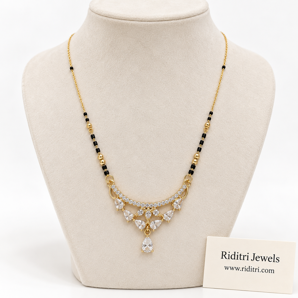 Chandrika anti-tarnish mangalsutra with black beads and crescent AD stone teardrop pendant