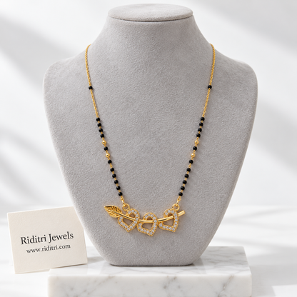 Ishq anti-tarnish triple heart mangalsutra with black beads and AD stone hearts