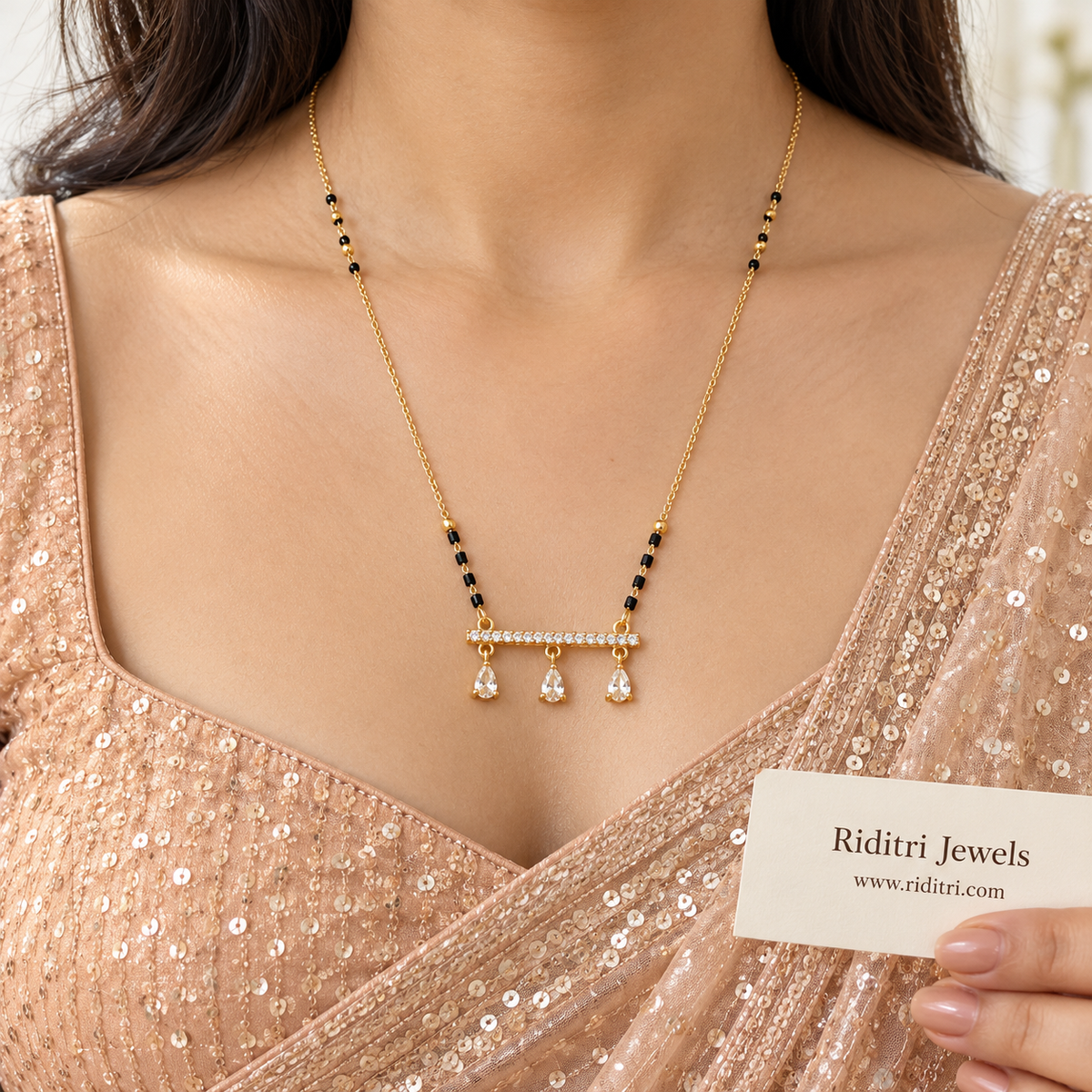 Boond anti-tarnish bar mangalsutra with three teardrop stone drops and black beads