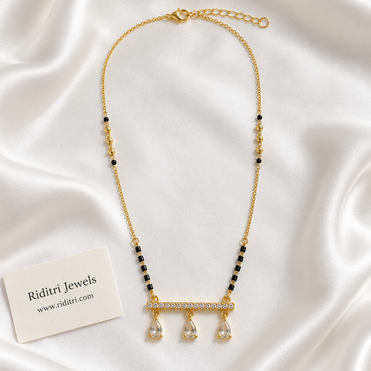 Office wear black bead mangalsutra chain with gold beads and bar drop pendant