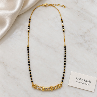 Office wear black bead mangalsutra chain with gold bar beads and baguette pendant