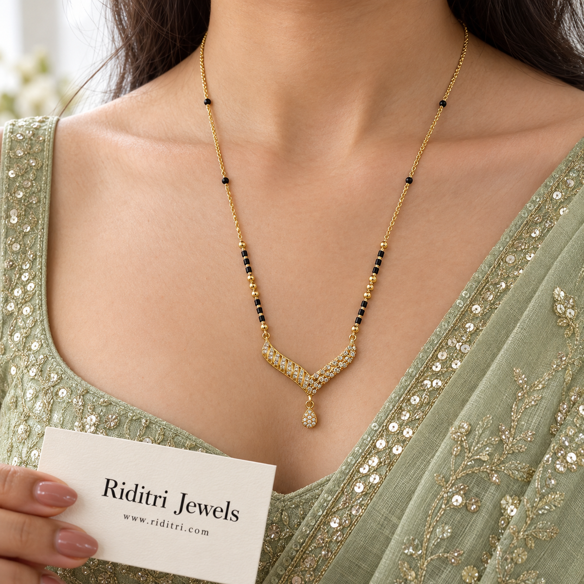 Vaani anti-tarnish V-shape mangalsutra with AD stone rows and teardrop drop