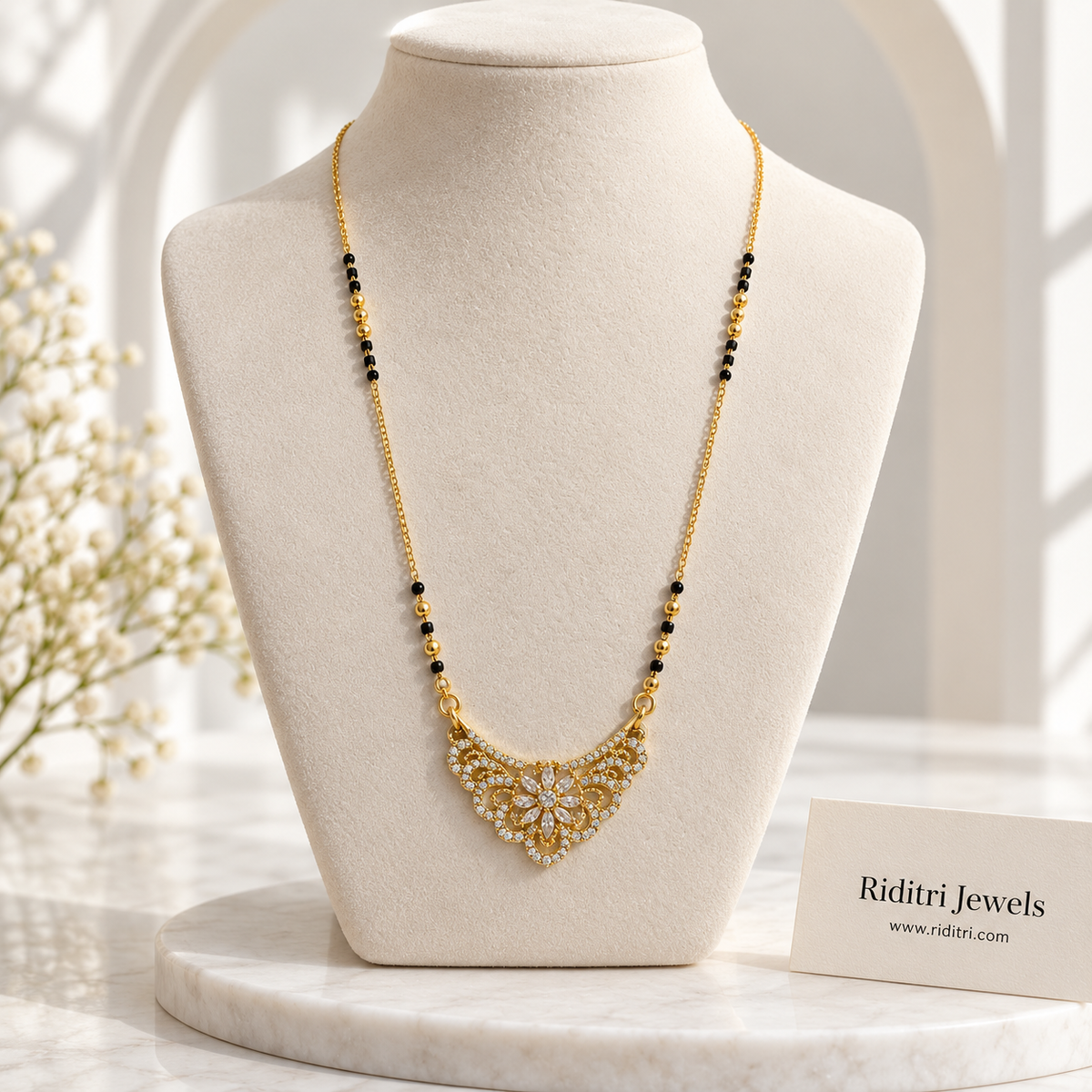 Kamal anti-tarnish floral lace mangalsutra with AD stone flower pendant and black beads