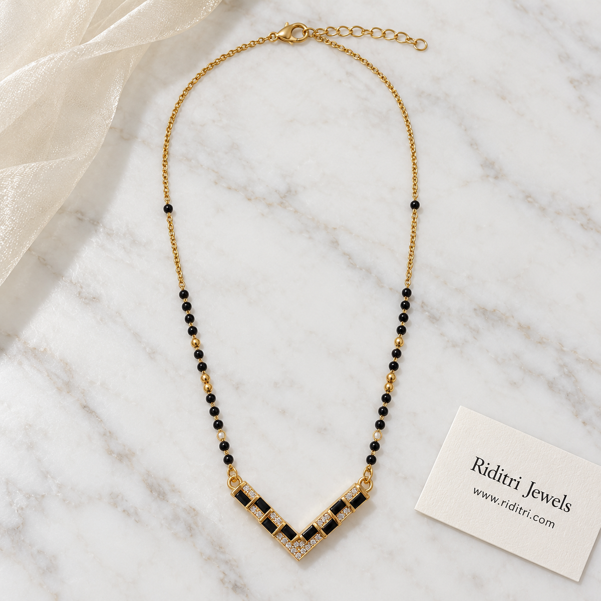 Office wear round black bead mangalsutra chain with gold beads and chevron pendant