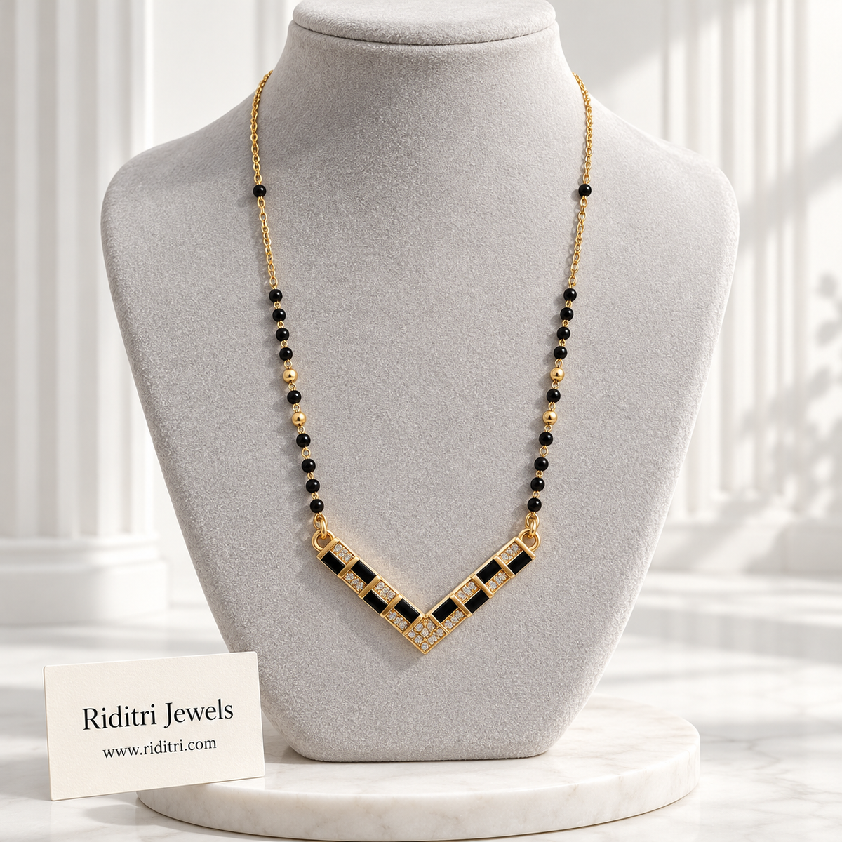Shyama anti-tarnish chevron mangalsutra with black baguette and white AD stones