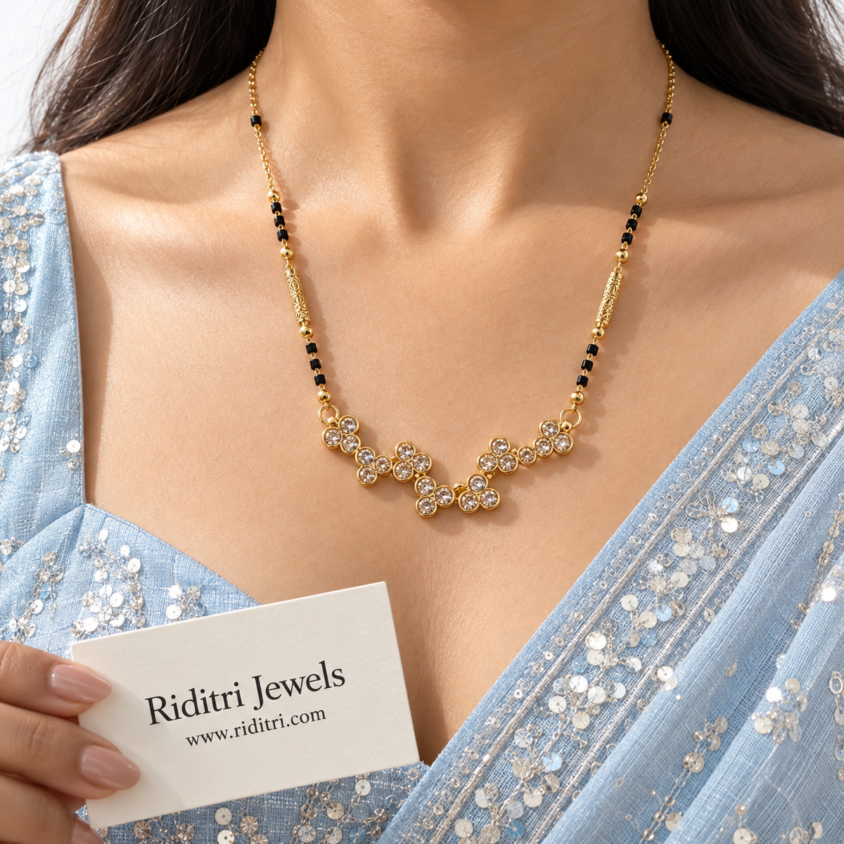Phoolon anti-tarnish clover mangalsutra with six AD stone clover flowers and black beads