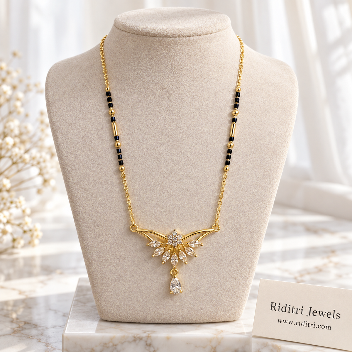 Pankh anti-tarnish marquise wing mangalsutra with star flower and teardrop drop