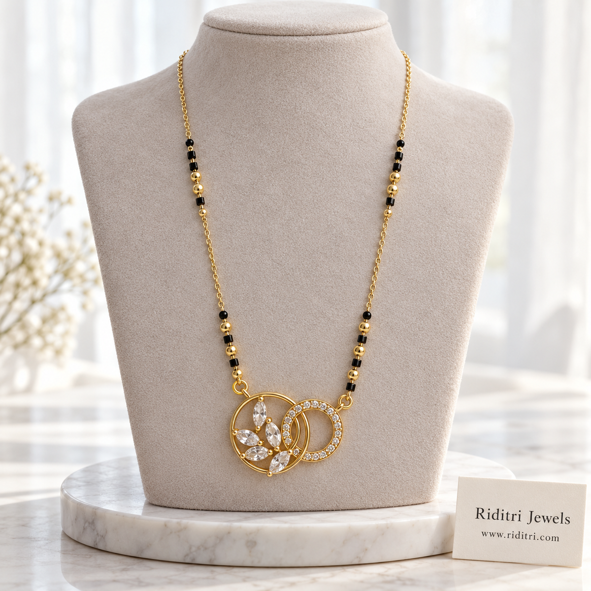 Milan anti-tarnish interlocked ring mangalsutra with marquise stone leaves and black beads