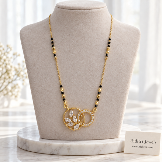Milan anti-tarnish interlocked ring mangalsutra with marquise stone leaves and black beads