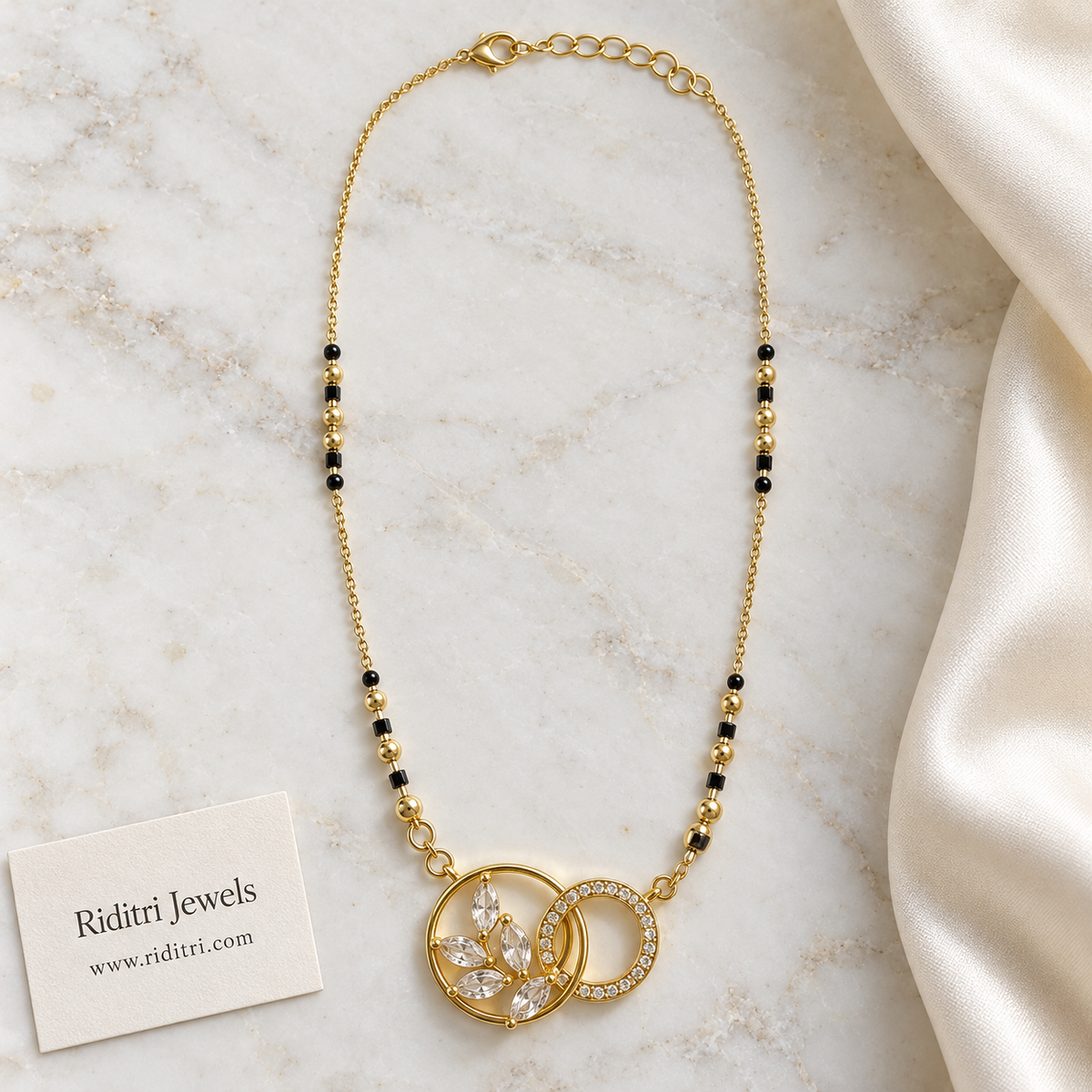 Minimal black bead mangalsutra chain with gold beads and linked ring pendant
