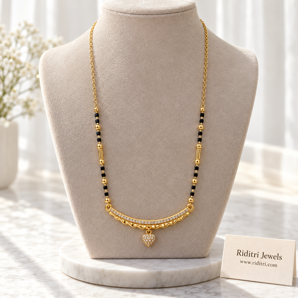 Pyaar anti-tarnish bar mangalsutra with AD stone curved bar and pave heart charm