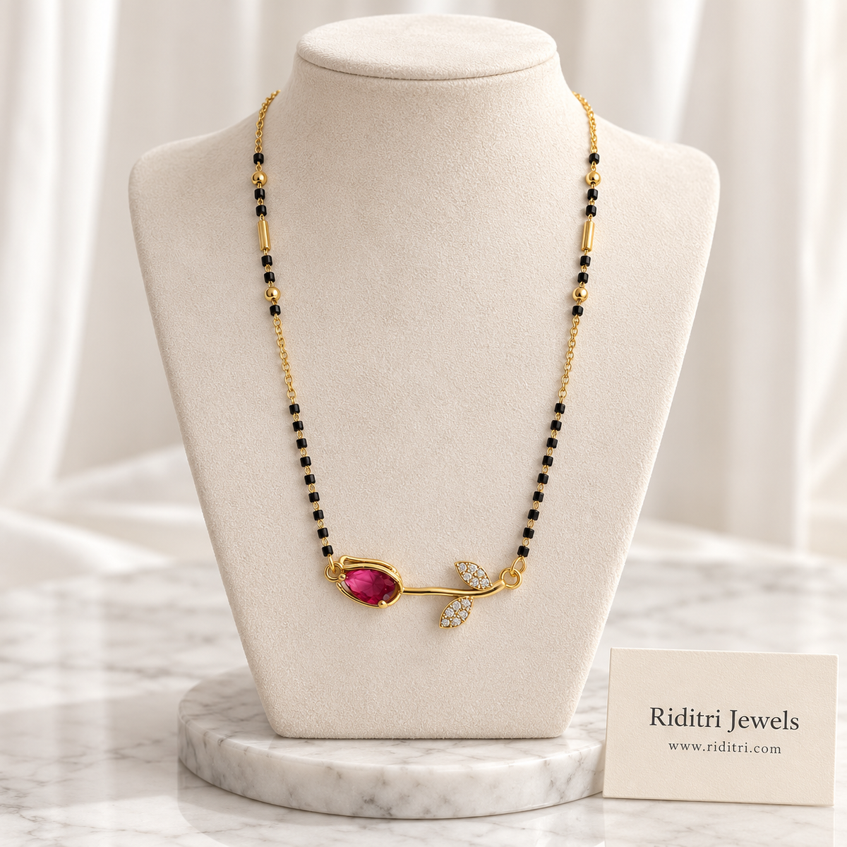Gulab anti-tarnish rose mangalsutra with ruby pink stone rose bud and black beads