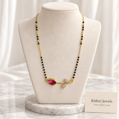 Gulab anti-tarnish rose mangalsutra with ruby pink stone rose bud and black beads