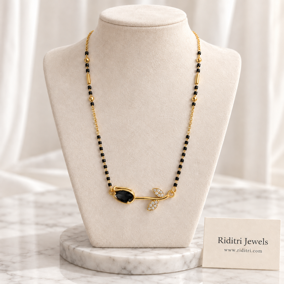 Gulab anti-tarnish rose mangalsutra with black stone rose bud and black beads