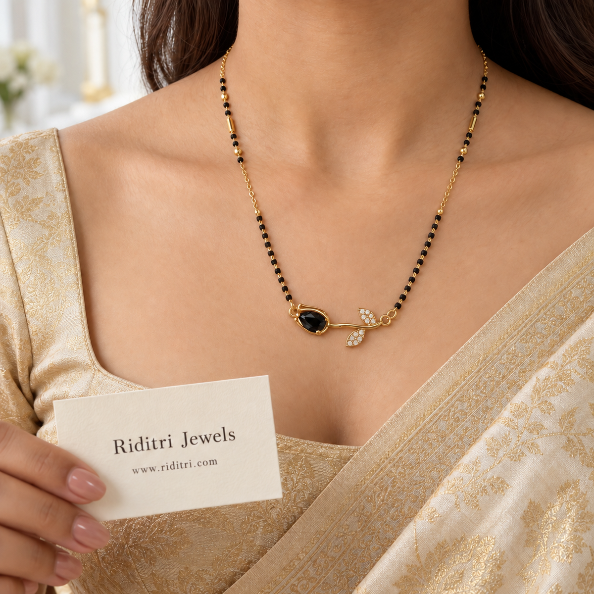 Gold-toned rose mangalsutra pendant with black stone and AD stone leaves