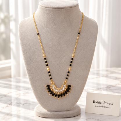 Gold-toned sunflower fan mangalsutra pendant with black marquise stones and white AD stones