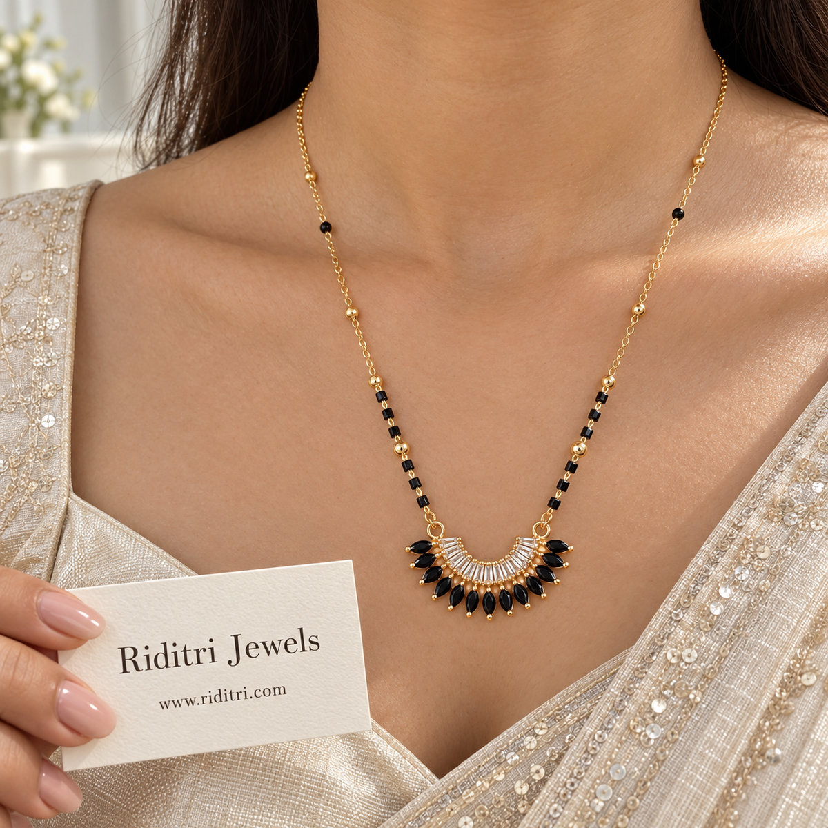 Suryamukhi anti-tarnish mangalsutra with black marquise stone fan pendant and black beads