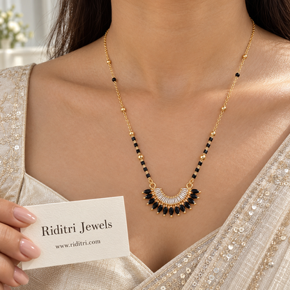 Suryamukhi anti-tarnish mangalsutra with black marquise stone fan pendant and black beads