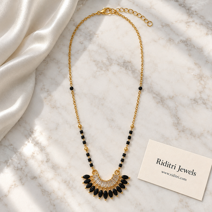 Black bead mangalsutra chain with gold beads and black stone fan pendant