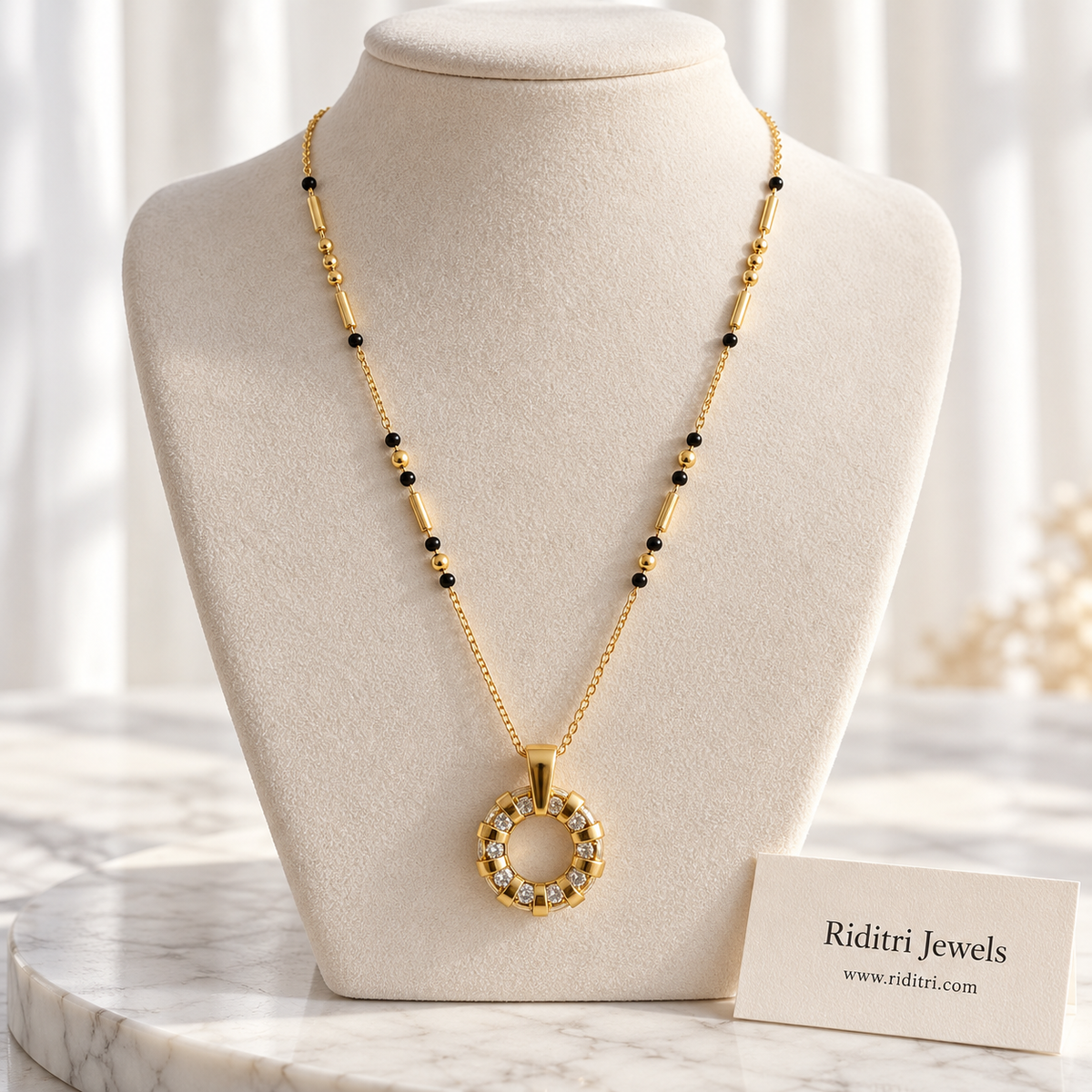 Sooraj anti-tarnish circle pendant mangalsutra with ring of AD stones and black beads