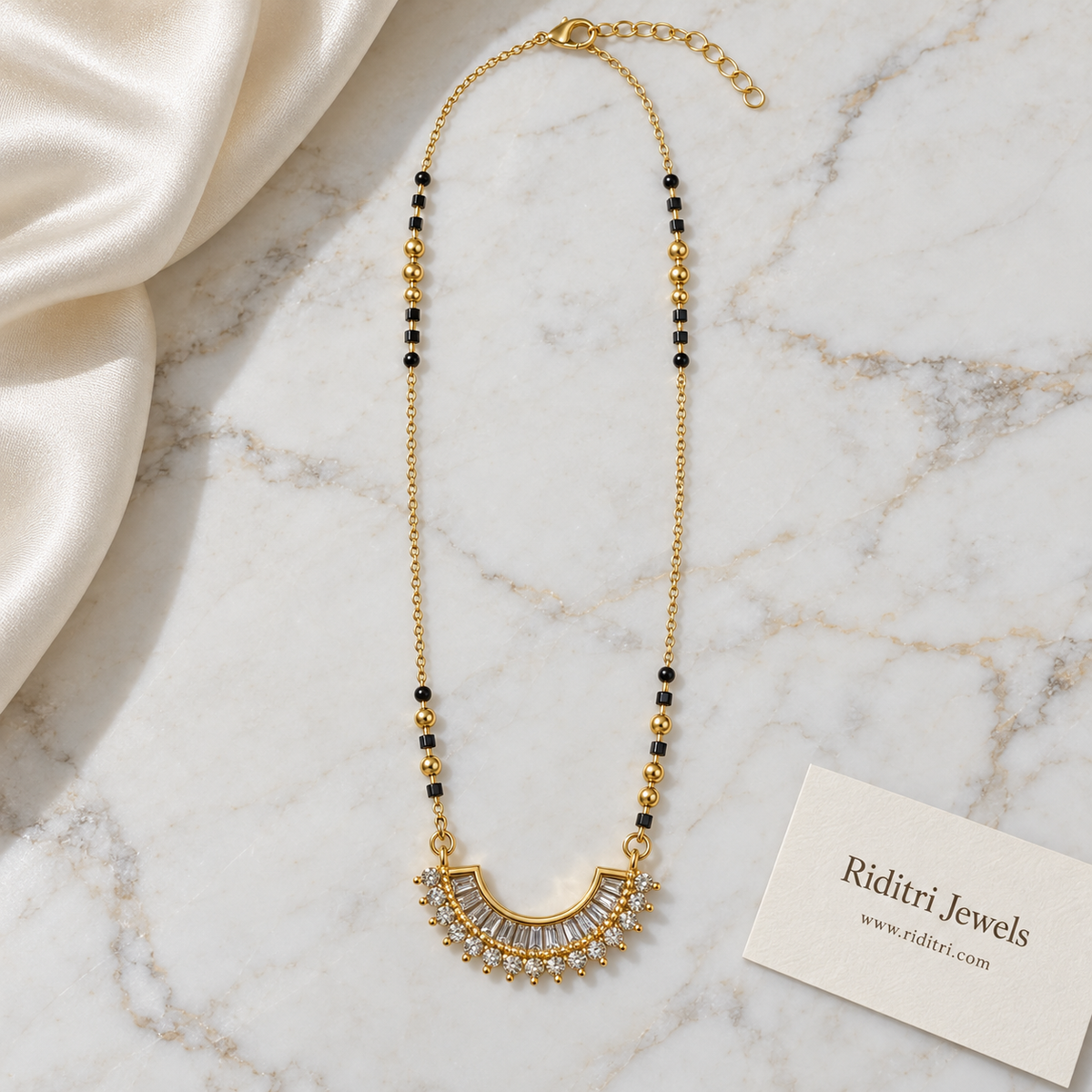 Fine gold chain mangalsutra with black and gold beads and half moon pendant
