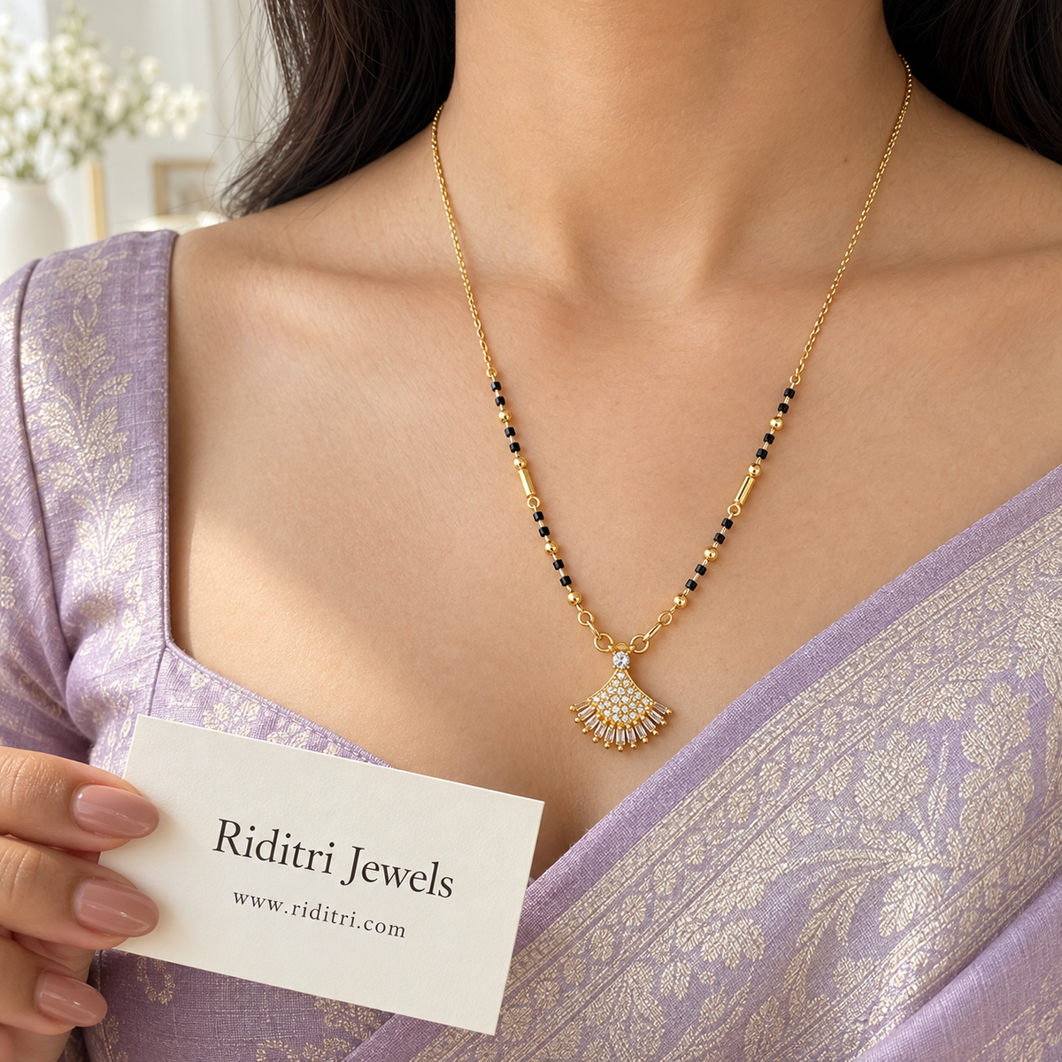 Seepi anti-tarnish shell fan mangalsutra with pave AD stones and baguette fringe