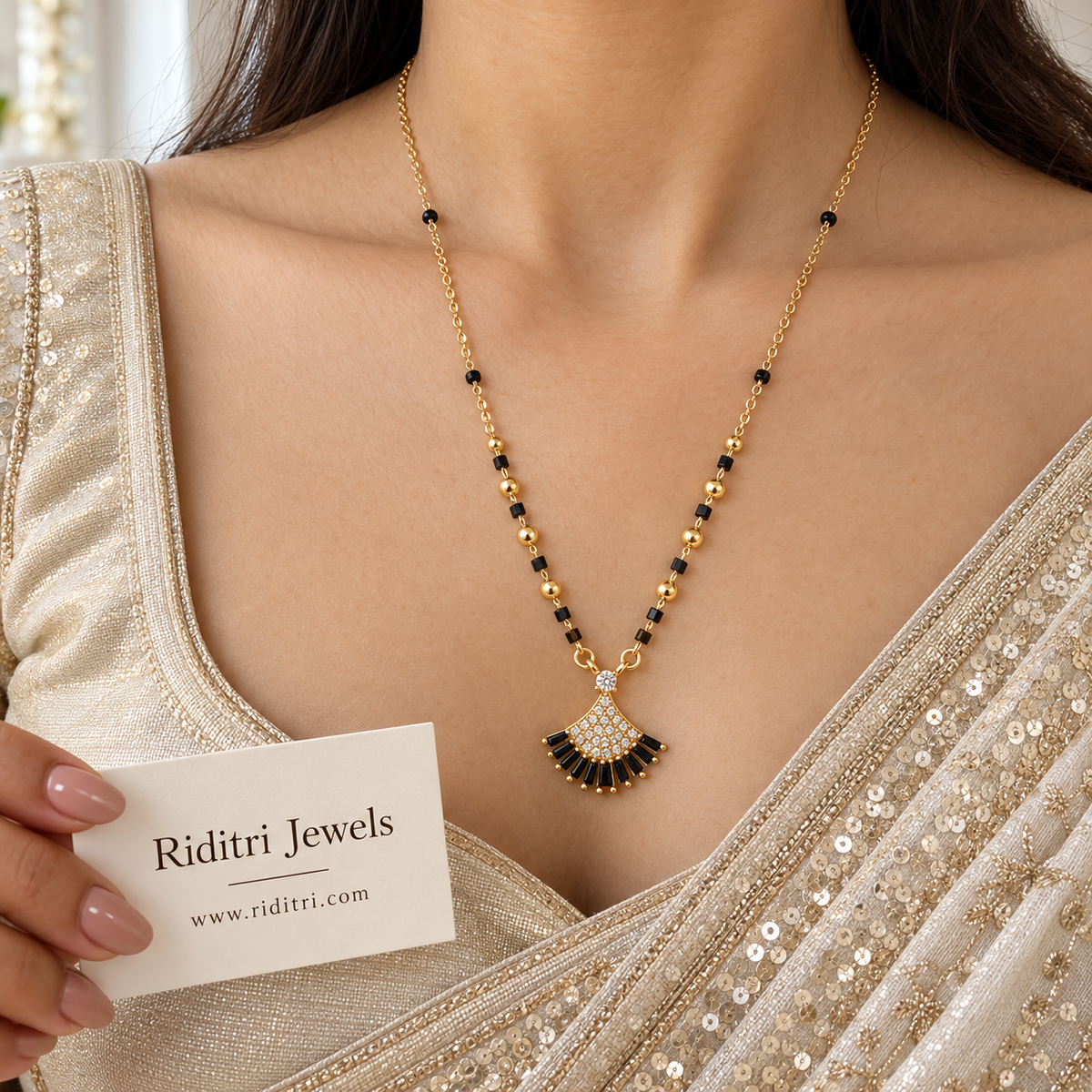 Seepi black anti-tarnish shell fan mangalsutra with white pave stones and black baguette fringe
