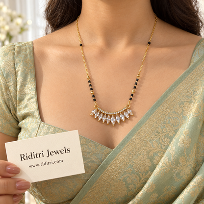 Mukut anti-tarnish marquise crown mangalsutra with curved stone bar and marquise fringe