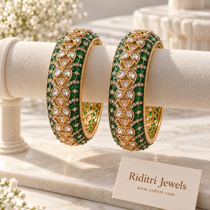 Panna Kundan Bangles – Emerald Green (Set of 2)