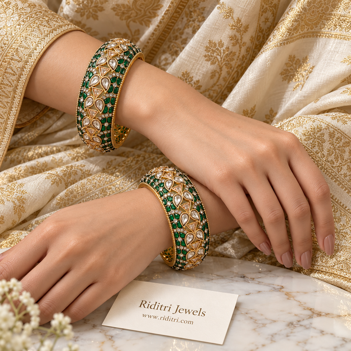 Panna Kundan Bangles – Emerald Green (Set of 2)