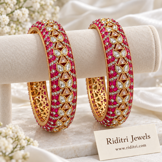 Manik ruby kundan bangles set of 2 with white teardrop and triangle kundan-style stones