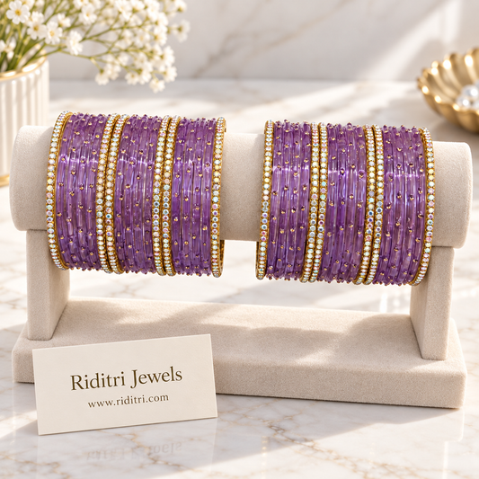 Jamuni purple glass bangles set of 3 dozen with gold dots and rainbow stone bangles