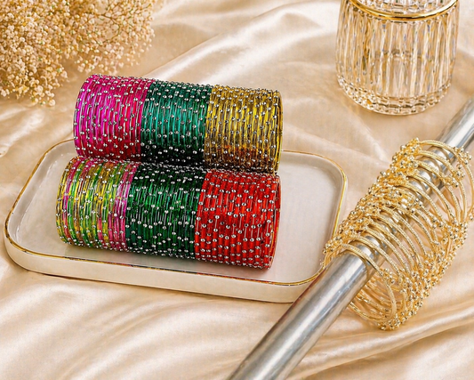 Glass Zircon Bangle Set-6 dozen with 8 Ghungroo Bangles