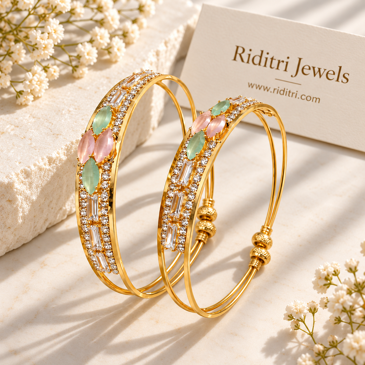 Mint and peach stone adjustable bangle pair for daily, office and party wear