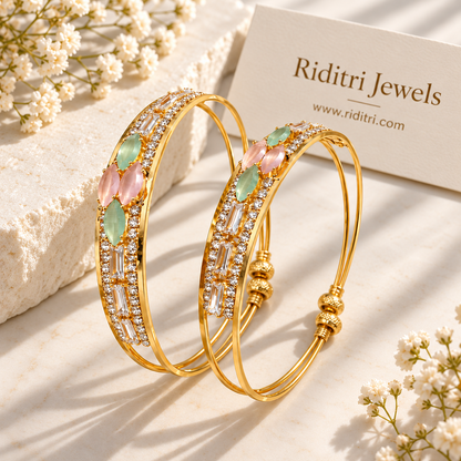 Mint and peach stone adjustable bangle pair for daily, office and party wear