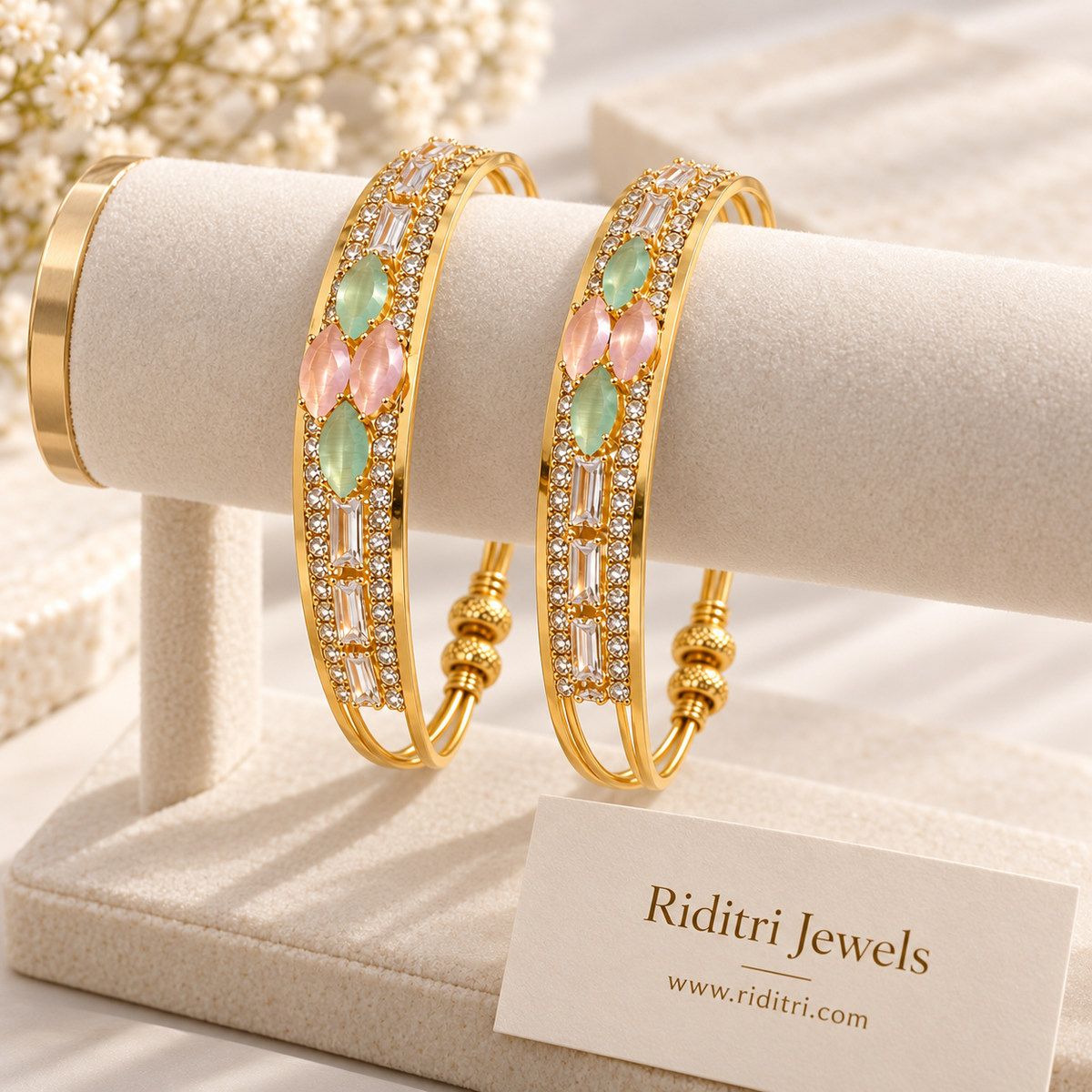 Komal pastel adjustable bangles pair with mint green and peach marquise stones and AD stones