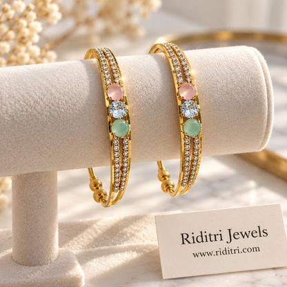 Open cuff pastel stone bangles with textured ball ends for daily and party wear