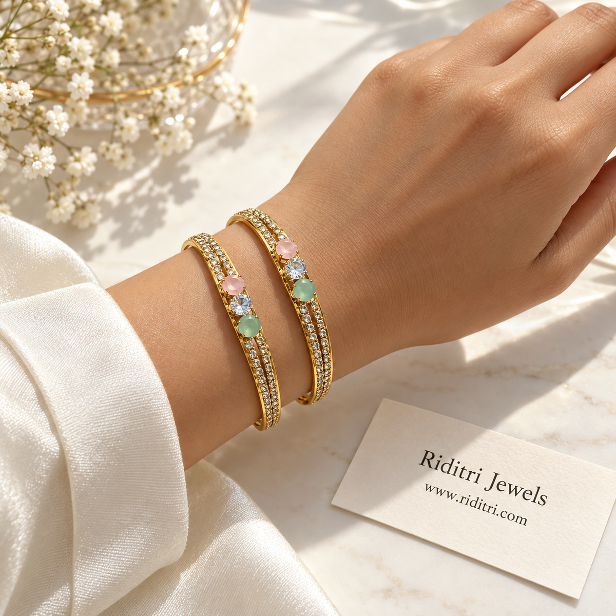 Triveni pastel adjustable bangles pair with baby pink, white and mint green round stones