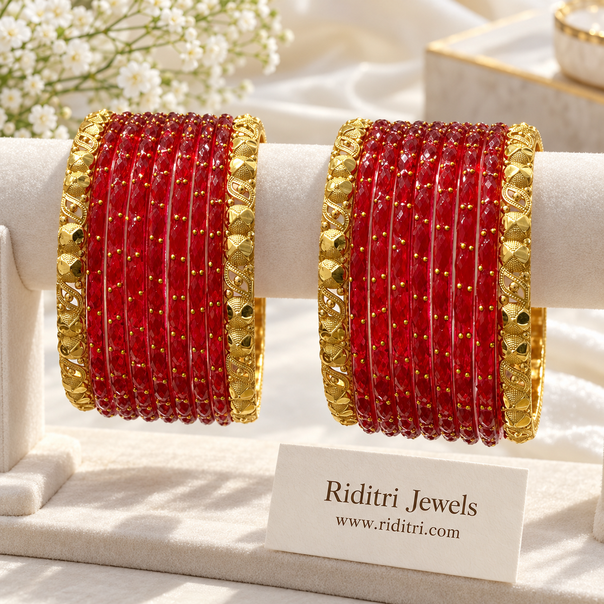 Sindoori red glass bangles combo 2 dozen with gold dots and gold-toned side bangles