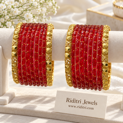 Sindoori red glass bangles combo 2 dozen with gold dots and gold-toned side bangles