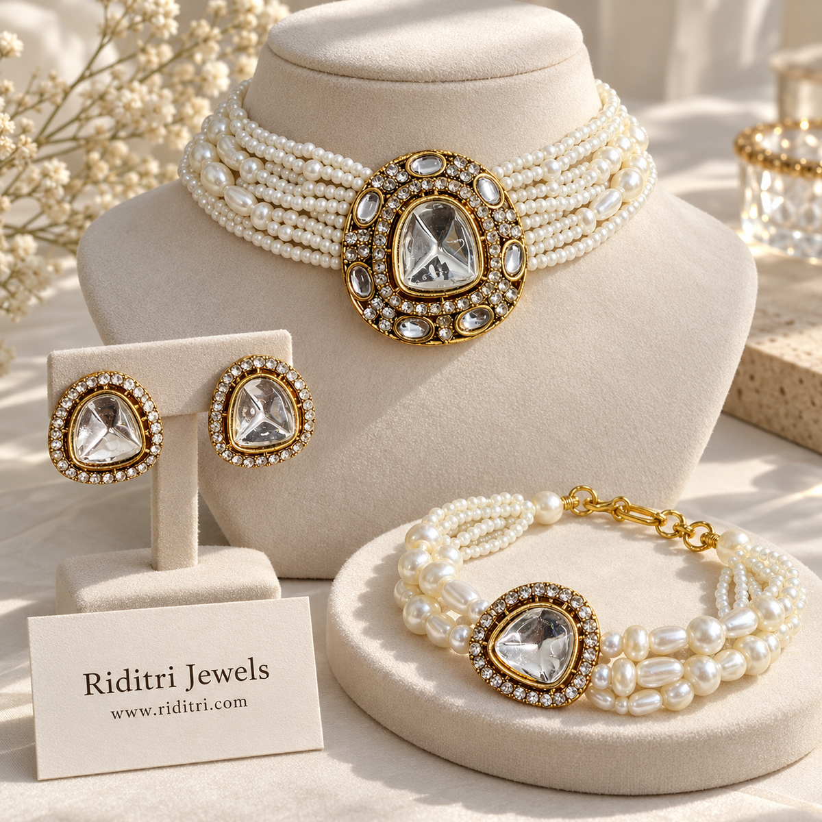 Multi-strand white pearl-look bead choker with antique gold kundan and AD stone pendant