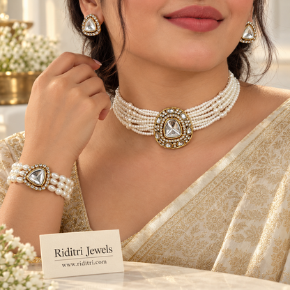 Shehnaz white pearl kundan choker set with polki-look kundan centrepiece, bracelet and stud earrings